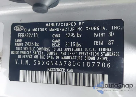 2013 Kia Optima Ex z USA, uszkodzony, nr VIN 5XXGN4A78DG187706